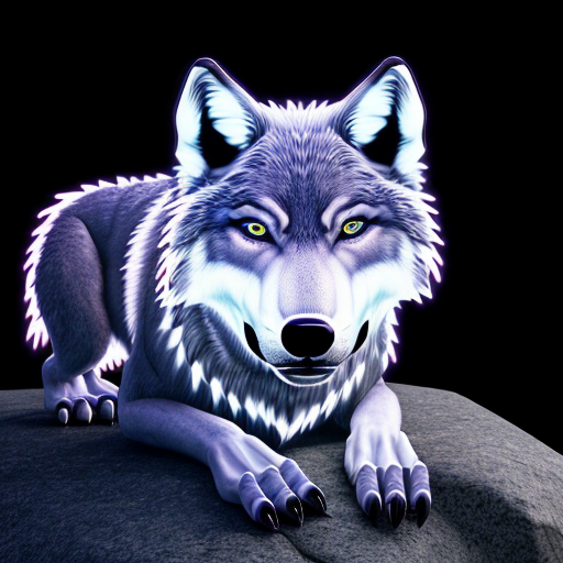 create an image of a blue wolf with glowing fur, glowing red eyes ,gleaming fangs and a crocidile face . It is on a rocky cliff