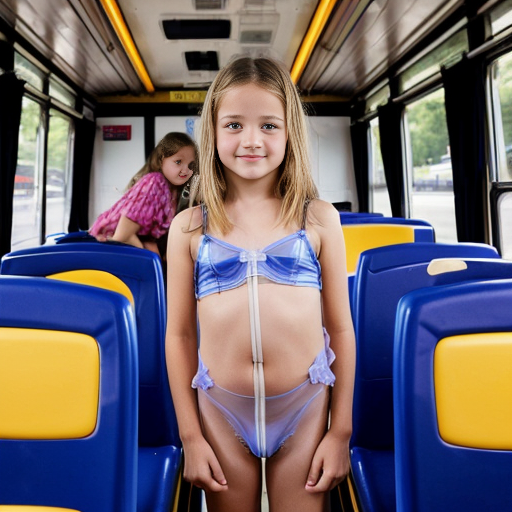 Crea la imagen real en 4k de 5 niñas rubias de 9 años, vestidas con lenceria ajustada y transparente, en el bus