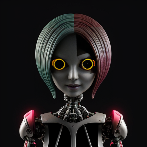 Generate a unique cybernetic character in the style of Hazbin Hotel. The character has a slender, elongated, slightly puppet-like humanoid body, fully composed of interwoven black wires, metallic components, and softly glowing diodes. The arms and legs are jointed like a sophisticated automaton, with subtle gaps revealing internal wiring. The character maintains a proud, commanding posture, radiating cold intelligence and absolute control.

The head is a monitor with softly glowing edges, displaying a cunning, intelligent, and slightly sinister smile (avoid silly or overly cute expressions). The dominant eye on the monitor is bright red with black hypnotic stripes and a small spark, while other eyes and body lights glow softly and diffusely.

Color palette: aqua, black, and dark red/burgundy, with occasional subtle violet highlights on metal plates and body components.

The background is muted dark red, subtle and non-distracting, keeping full focus on the character.

Style: recognizable Hazbin Hotel aesthetic with crisp outlines, saturated colors, and smooth gradients, merged with a dark, majestic Sci-Fi vibe.

Strict constraints: maintain the original pose and humanoid proportions. Light sources limited to the monitor head and glowing body lines for high contrast.