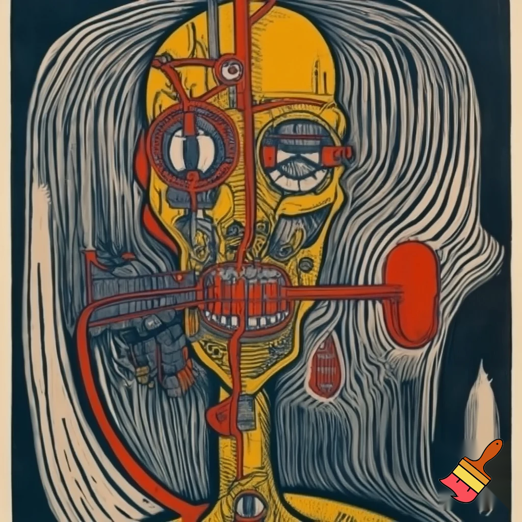 Bio-mechanical post-human noise art. In the style of a 1920's German Expressionist woodcut print.