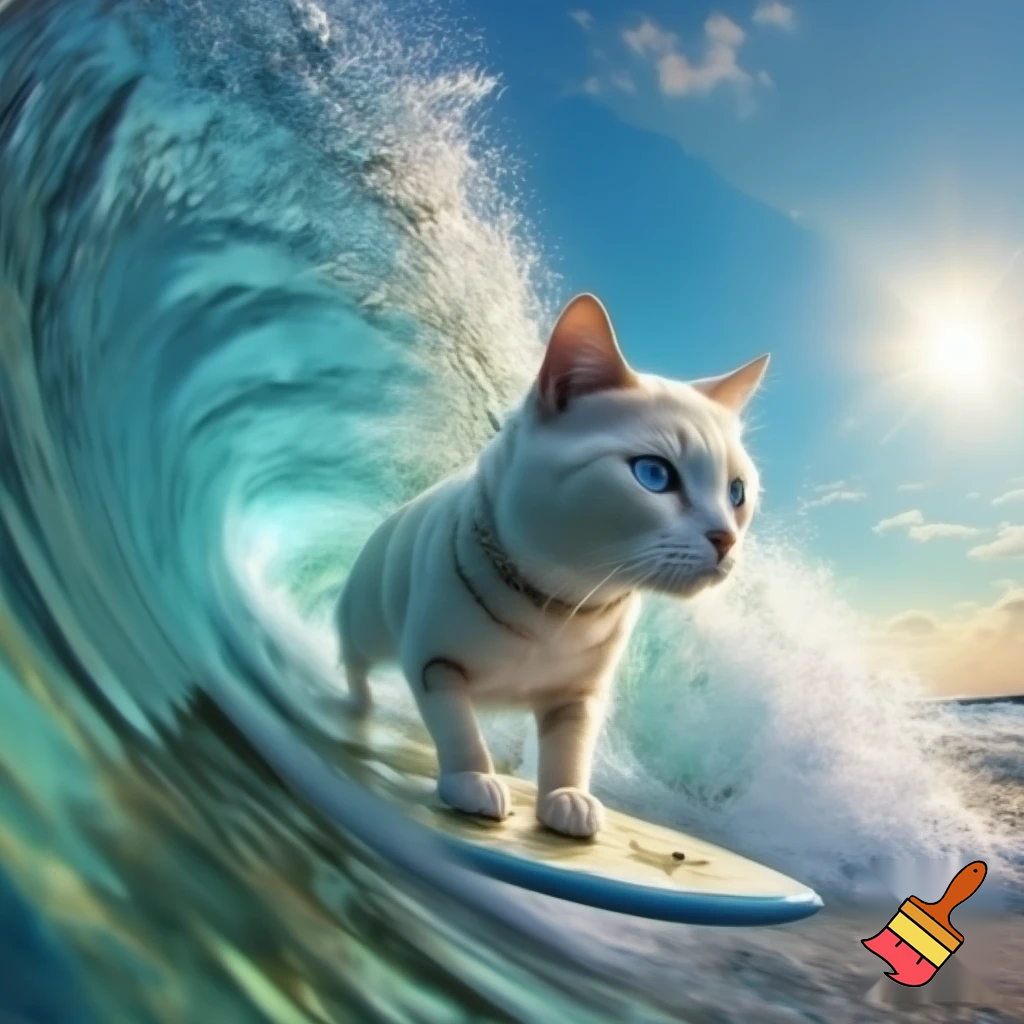 A white Turkish van cat riding a wave on a surfboard 