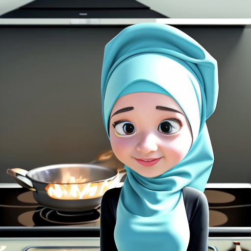 Pixar-style cartoon, Muslim woman 35-40, fully covered wide light blue dress, headscarf covering hair, modest, standing at stove cooking, gray background, no sexualized features, simple cartoon style