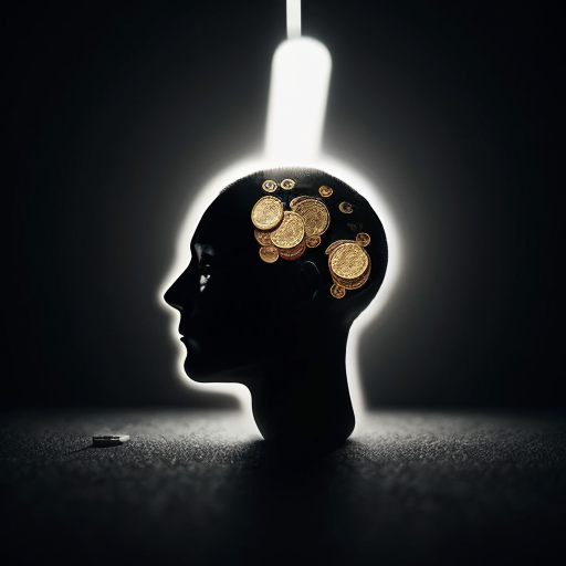 Faceless human silhouette thinking with glowing coins and abstract brain floating around, dark cinematic background, minimalistic style, mysterious and futuristic vibe, high resolution, cinematic lighting, centered composition, professional look