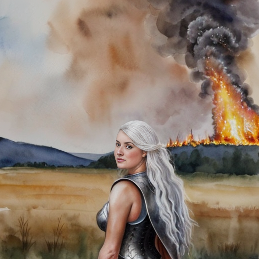 young, tall, white-haired woman in armor stands in front of a burning castle into which meteorites are falling.