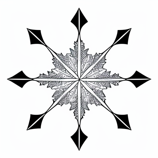 Six-sided crystalline snowflake line drawing with fractal geometry in b&w