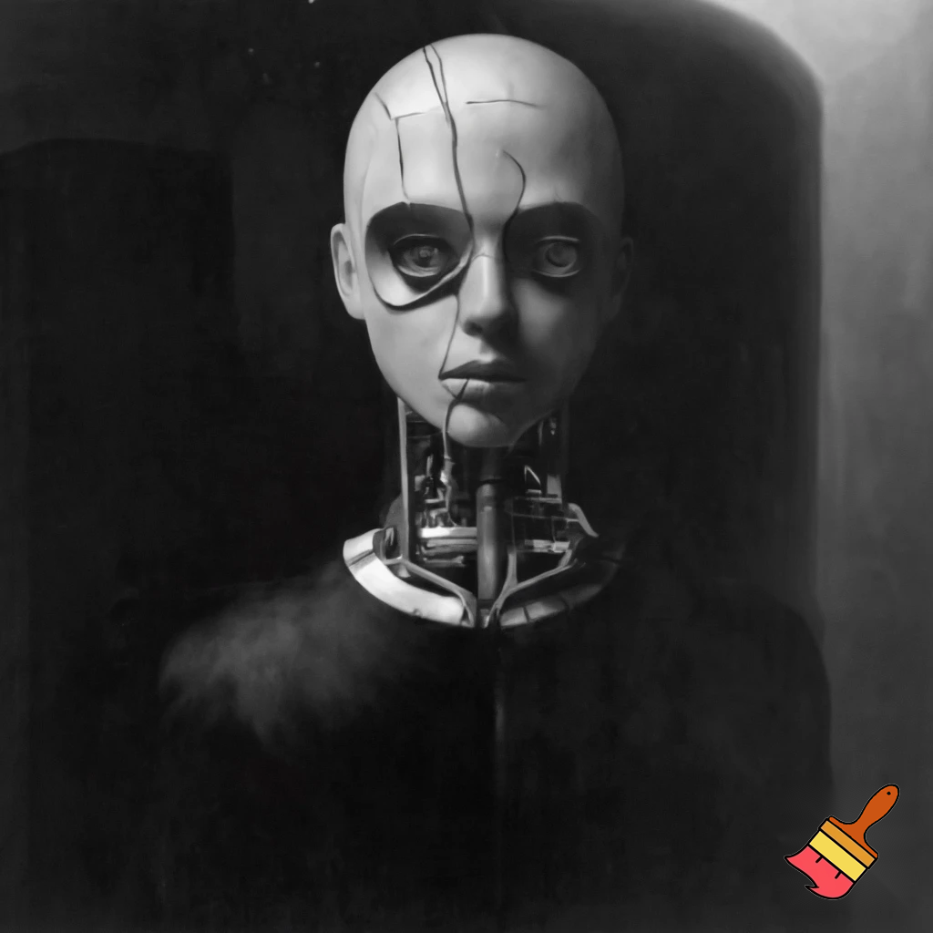 Bio-mechanical girl portrait, noise art. In the style of a 1920's German Expressionism. Black & white.