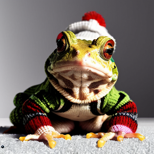 A laughable, puzzled animal toad in woolen, multicoloured winter clothings with woolen winter cap. Hyperrealistic art style.