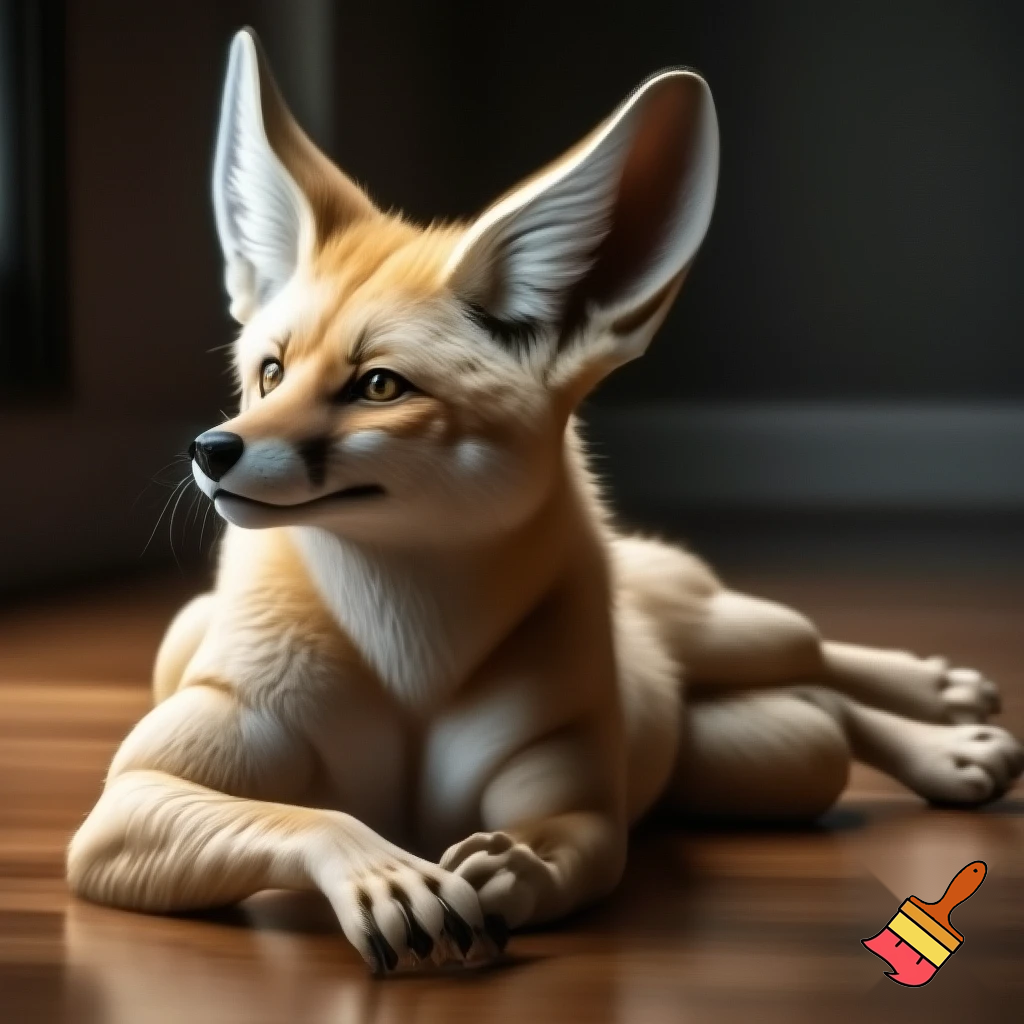 muscular anthropomorphic fennec fox lounging on floor with toes wiggling
