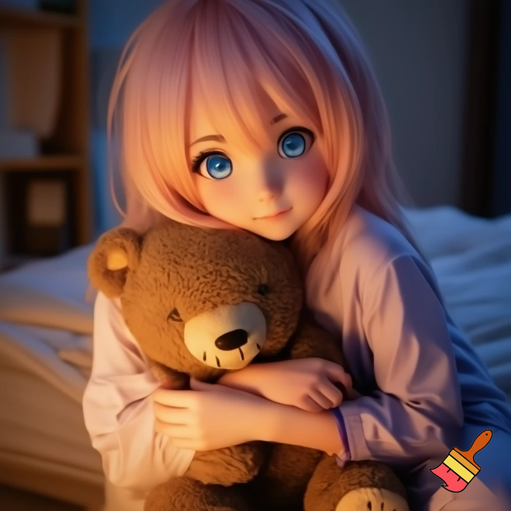 Anime girl hugging a teddy bear