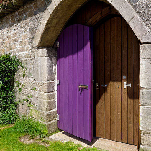 Oak door under a medieval bridge with purple portal inside 