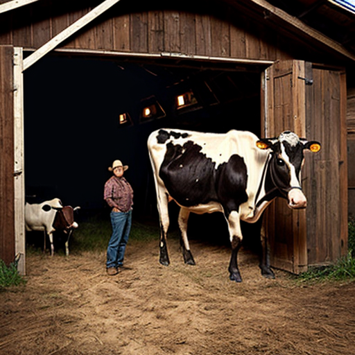 farmer with a barn and cow in the barn