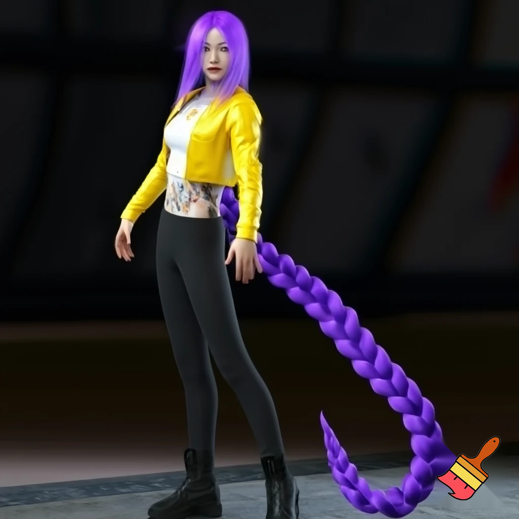 rumi, the main character in the animated film KPop Demon Hunters, is described as a slim and athletic young Korean woman in her early twenties. Her physical description in the film is highly stylized to reflect K-pop idol beauty standards, but the character design also emphasizes her strength and agility as a demon hunter. ties, reconciling her dual nature and the markings that appear on her skin. The hair is a vibrant, brilliant purple (often described as lavender or lilac in fan discussions). Unlike the demon patterns on her body which change color, the purple hair is a static feature that she has had since childhood, suggesting it is a natural result of her half-demon heritage rather than dye.
Style: Her hair is typically styled in a very long, high-swept braid that reaches down to her calves or even ankles. The specific braiding technique is most often a dragon braid or pull-through braid, which gives it a voluminous, segmented, and rope-like appearance that can whip around dramatically during fight scenes. with a yellow jacket and a white top and black pants and black boots