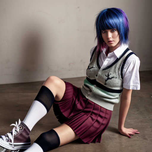 Cute emo woman with dyed hair wearing a sweater vest, a pleated skirt and striped thigh socks with converse shoes 