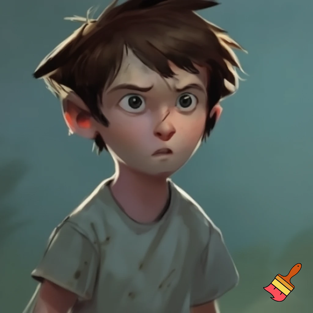 Boy about 11 years old with brown, patchy and sharp hair with dirty shirt who looks cautious and curious 