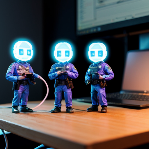 A funny 3D render of a miniature "Cyber Police" squad made of glowing blue holograms chasing a tiny hacker across a messy physical office desk. The hacker is tripping over a giant coffee mug while the tiny police officers use USB cables as lassos. Macro photography style, shallow depth of field, vibrant neon blues vs warm desk lighting, expressive "Oh no!" face on the hacker, highly detailed, whimsical.