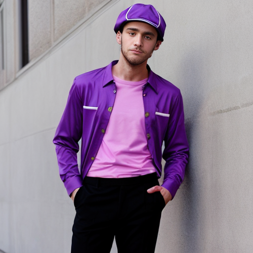 purple hat with two points and a purple long sleeve shirt with fuchsia/magenta trim that covers his legs. He also wears purple shoes and pants that are