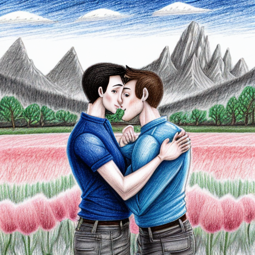 a pencil drawing in a cartoon style of 2 men holding each other romantically, one is muscular and has a short beard, the other is extremely thin and has a cane, put them in a field of flowers with nothing around but blue sky and mountains