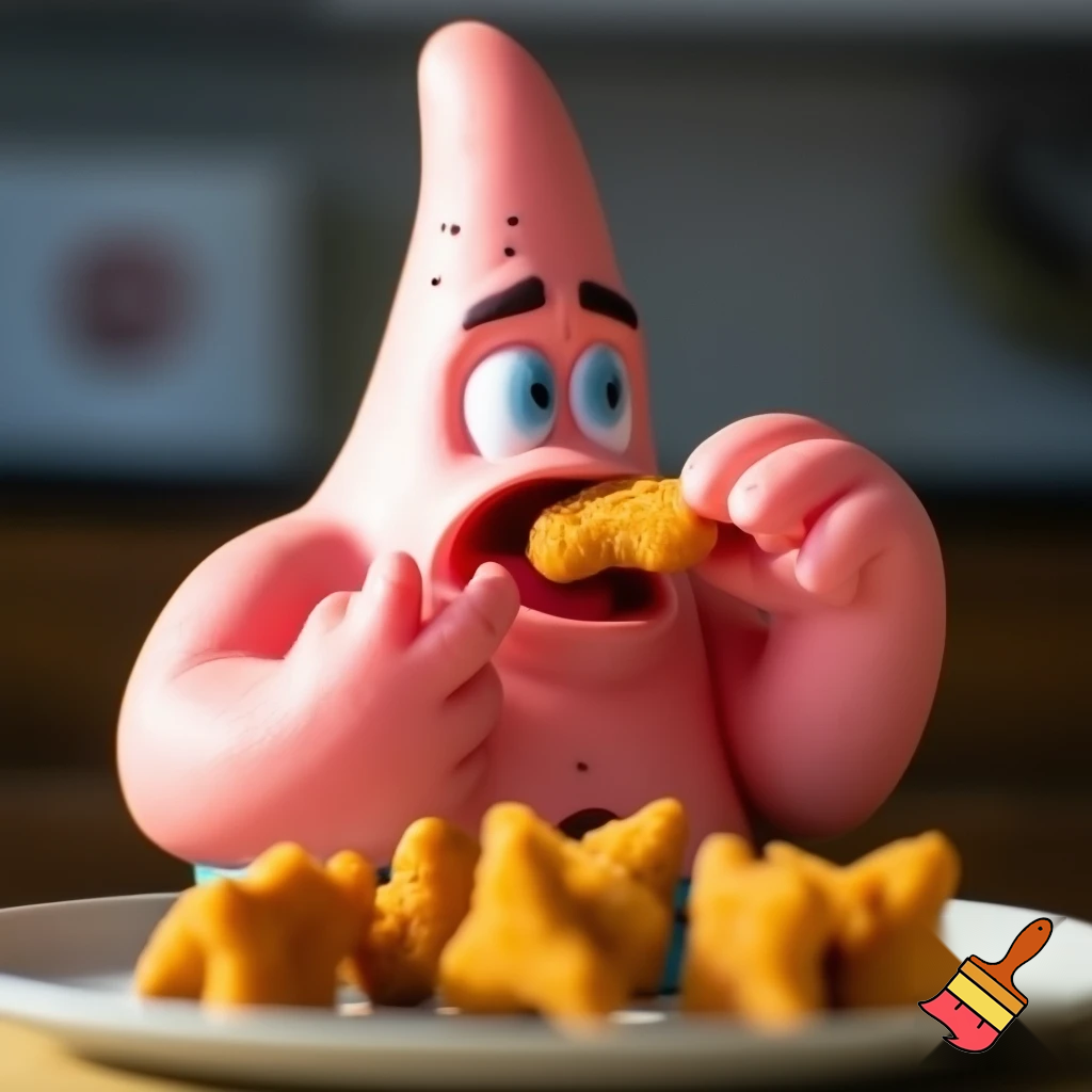 Patrick star eating chicken nuggets shaped as stars