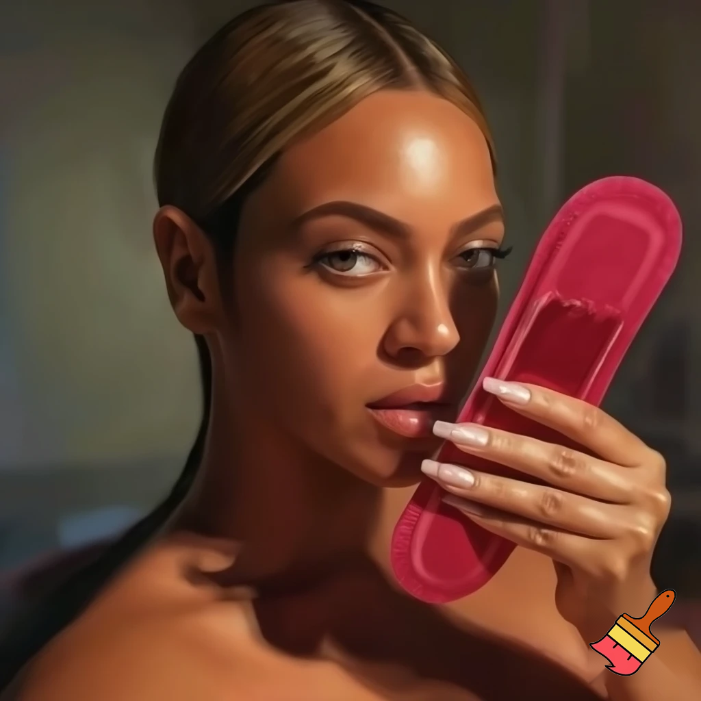 Beyonce with honey blonde slick hair holding a period pad full of blood selfie in her room