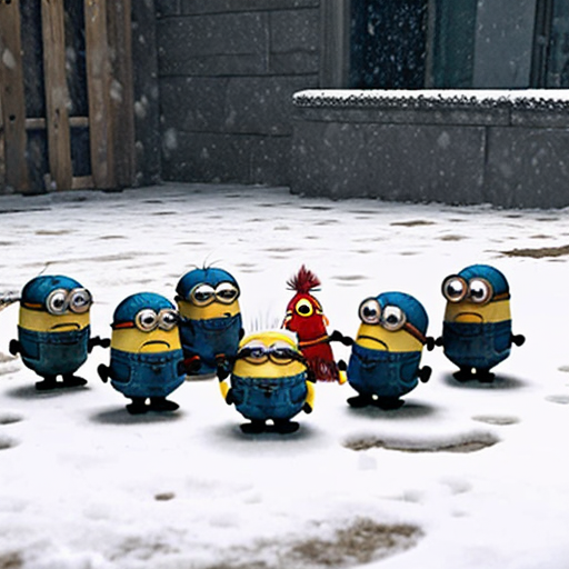 6 elmos in a circle pointing at an angry minion sitting in the middle of the elmos. Outside in the snow. A group of minions with shovels are coming in the background to save the minion.