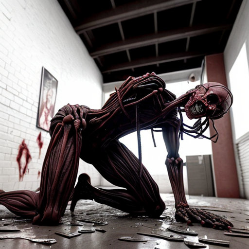 a cathedral-like slaughterhouse of impossible geometry—walls slick with blood that shouldn’t exist in a space this vast, ribbed arches of bone stretching into a ceiling lost in shadow. At the center, a grotesque humanoid figure kneels, its flesh stitched together from flayed skins, faces screaming silently where its muscles should be. Its elongated fingers cradle a still-beating heart, veins dangling like puppet strings, while inverted crosses drip wax onto piles of severed hands arranged in pentagrams. The floor is a mosaic of teeth and shattered glass, reflecting the dim, flickering light of black candles that burn without melting. In the background, silhouettes of twisted figures writhe mid-transformation—half-human, half-something worse—their limbs fused to the walls as if the building itself is digesting them. The air shimmers with the illusion of heat, though the scene is cold enough to see your breath, and every shadow seems to twitch with something just beyond perception.