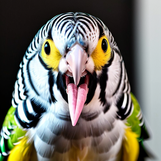 murray the budgie green with a yellow head, an a big toothy grin