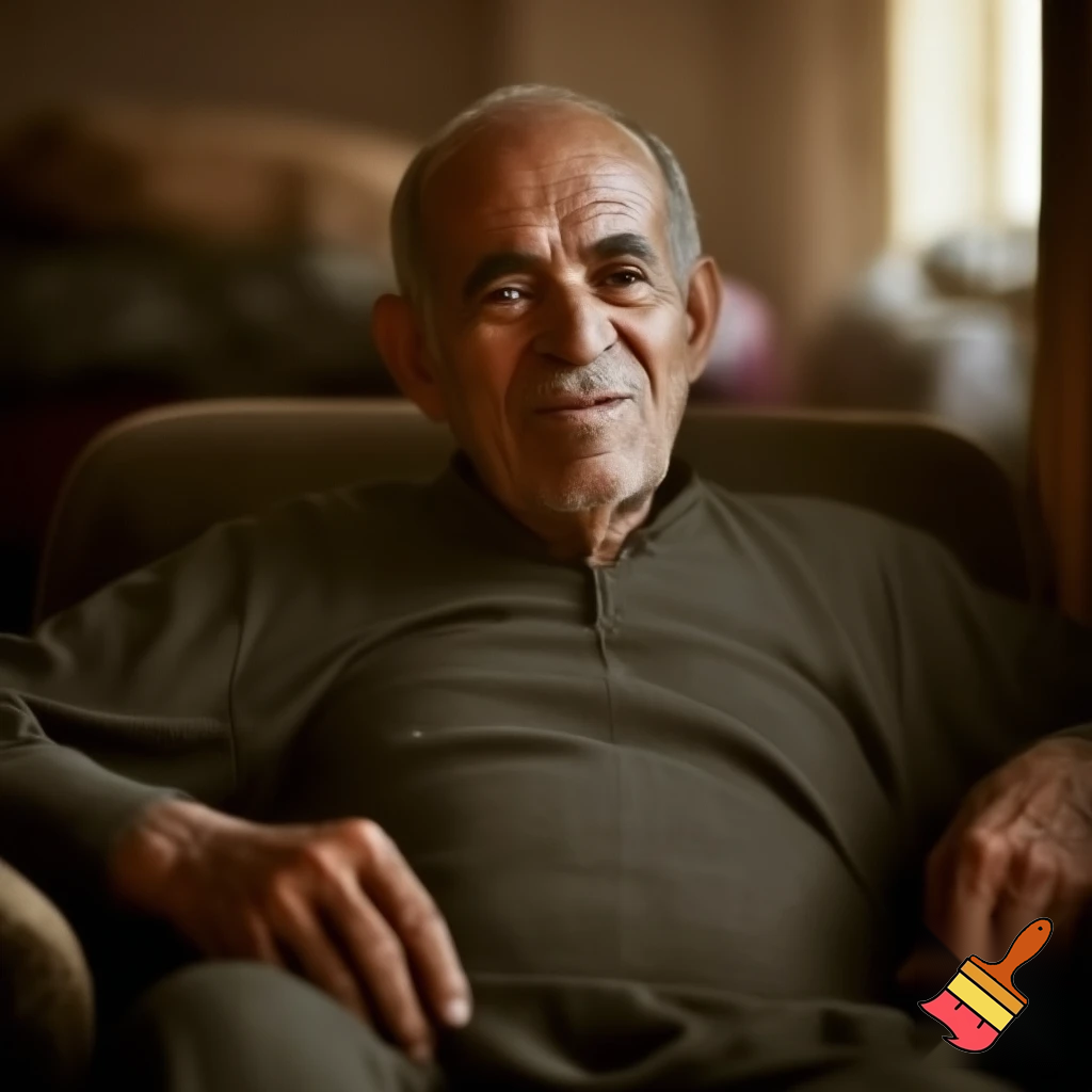 A very realistic image of an elderly man with Arab features, waiting for the medical service representative at his home, comfortable, away from crowds and the cold.