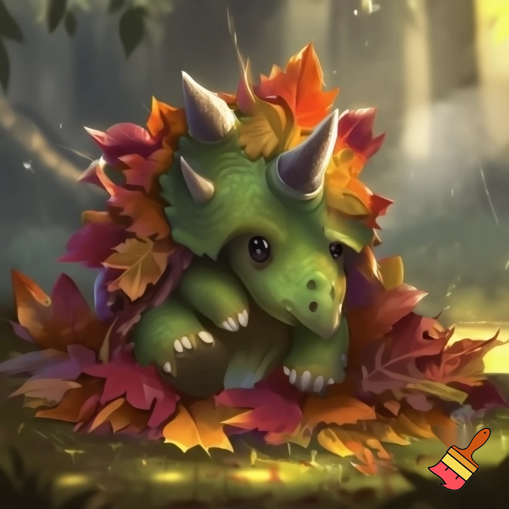 Draw a cute baby triceratops In the wild covering his head in a pile of leaves 