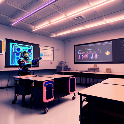a robot teaching students in a holographic ai powered smart classroom ,digital screeens ,neon lighting
