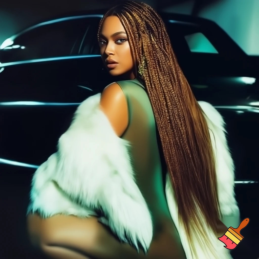 Beyonce with long african brown box braids with brown makeup wearing a dark pastel transparent green bodysuit with a white fur coat on standing in front of a car ,photoshoot, face angle face  ,face angle close up ,she is posing from the back   kneeling down pose (we should only see her hair)