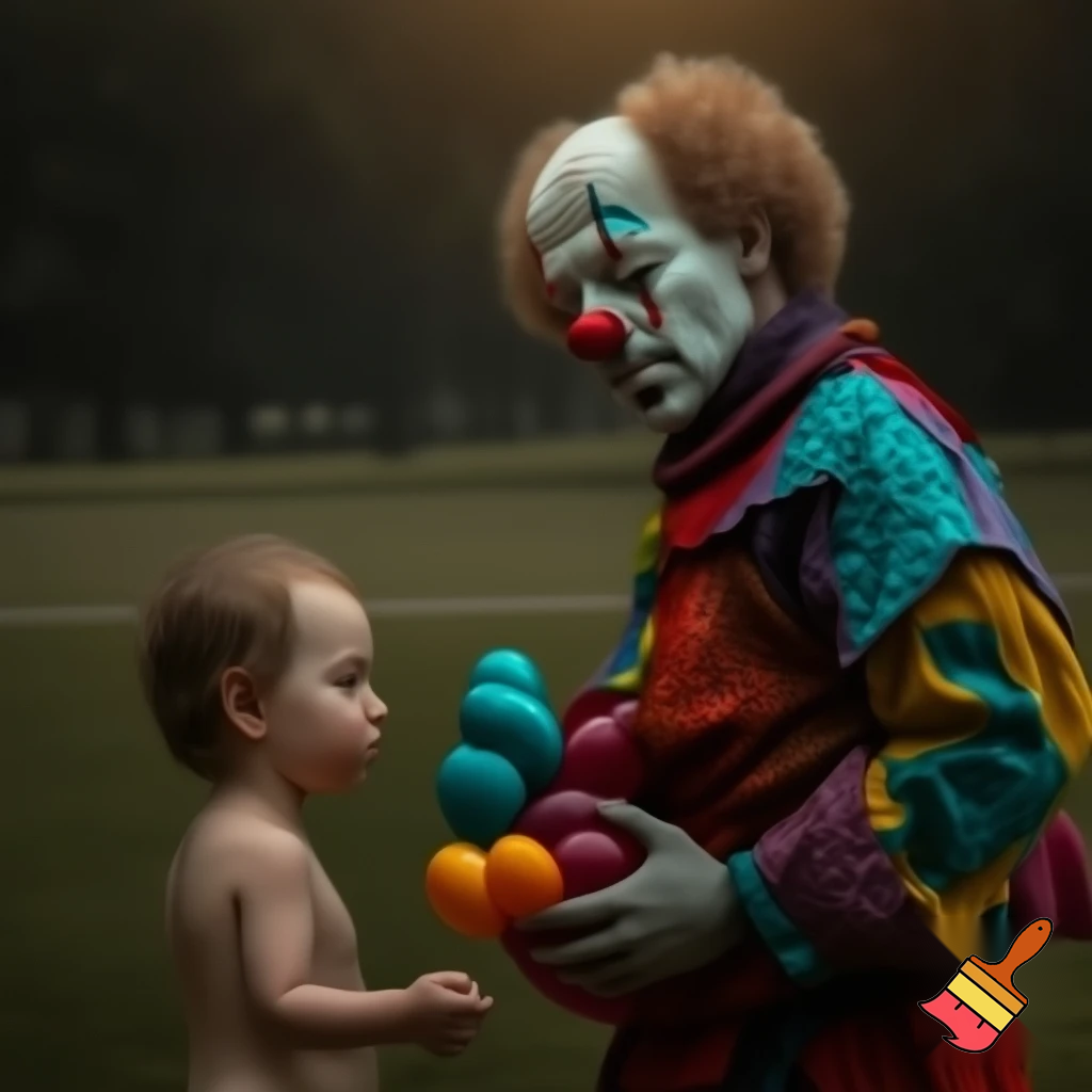):

A realistic full-body scene of a sad clown with detailed makeup and a colorful costume, standing quietly while a small child gently offers him a balloon animal. The atmosphere is emotional, tender, and heartwarming, with natural lighting, detailed fabric texture, and cinematic realism.