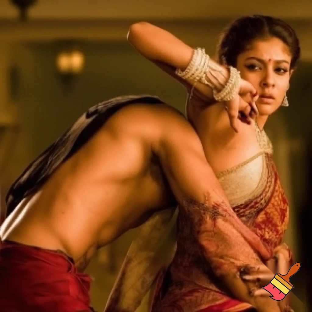 Dominant strong nayanthara saree rapes her weak husband on their wedding anniversary by kneeing him on the groin to forcefully submit him during a domestic dispute between them to decide on the ruler of the house. she thrusts force on him to create maximum pain as she subdued him. His strength is of no match to her powerful hold and he couldn't free himself from her hold. Her beauty is soo seductive to him but he has no energy left to challenge her and she completely obliterates him. He yields to her dominance by submission. Reveal her toned back, body, strong buttocks and boobs in saree and his sweat as a result of tiring fight. Make it realistic and believable. She punishes him relentlessly as she exposed her strength, figure,and emotions, no one there to help him as he pleads for mercy