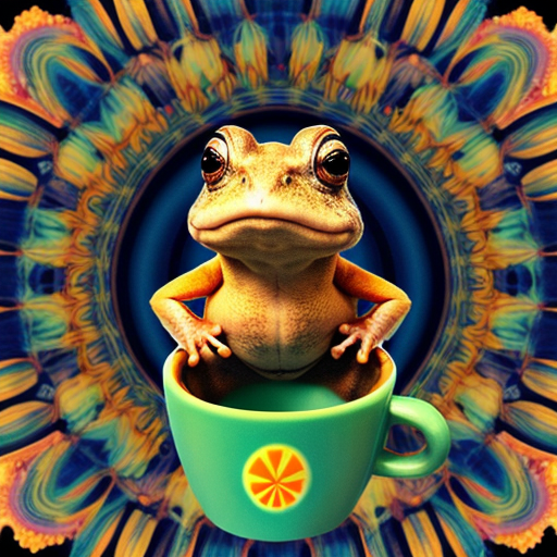 A hillarious, funny boho toad with some hippie colored coffee cups. Psychedelic decorated background.
