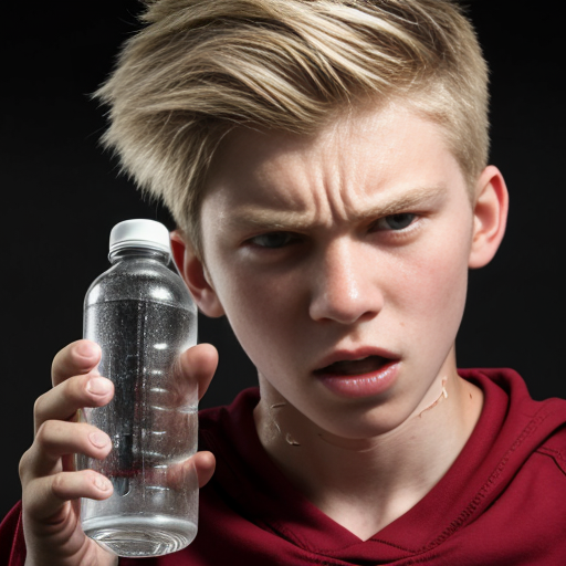 a blond teenager that is angry and looking at the camera. make him really ugly and holding a water bottle