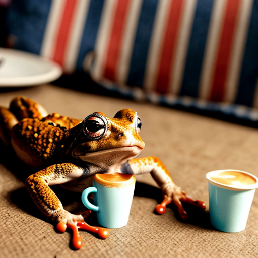 A hillarious, funny boho toad with some hippie colored coffee cups. Psychedelic decorated background.