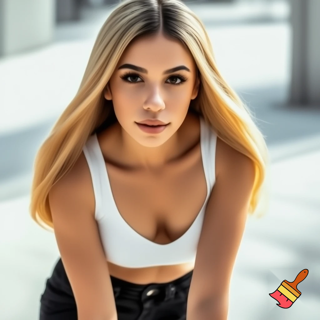 Photorealistic portrait of a blonde woman, approximately 22 years old, with long legs and a slim, athletic figure. She has long, naturally flowing blonde hair, light-colored eyes, oval face, almond-shaped brown eyes, average eye spacing, slim straight nose, naturally full lips, soft facial features, harmonious proportion , big boobs and delicate, harmonious facial features. Her overall presence is confident, natural, and modern.  Natural daylight. white croptop, black jeans.” 