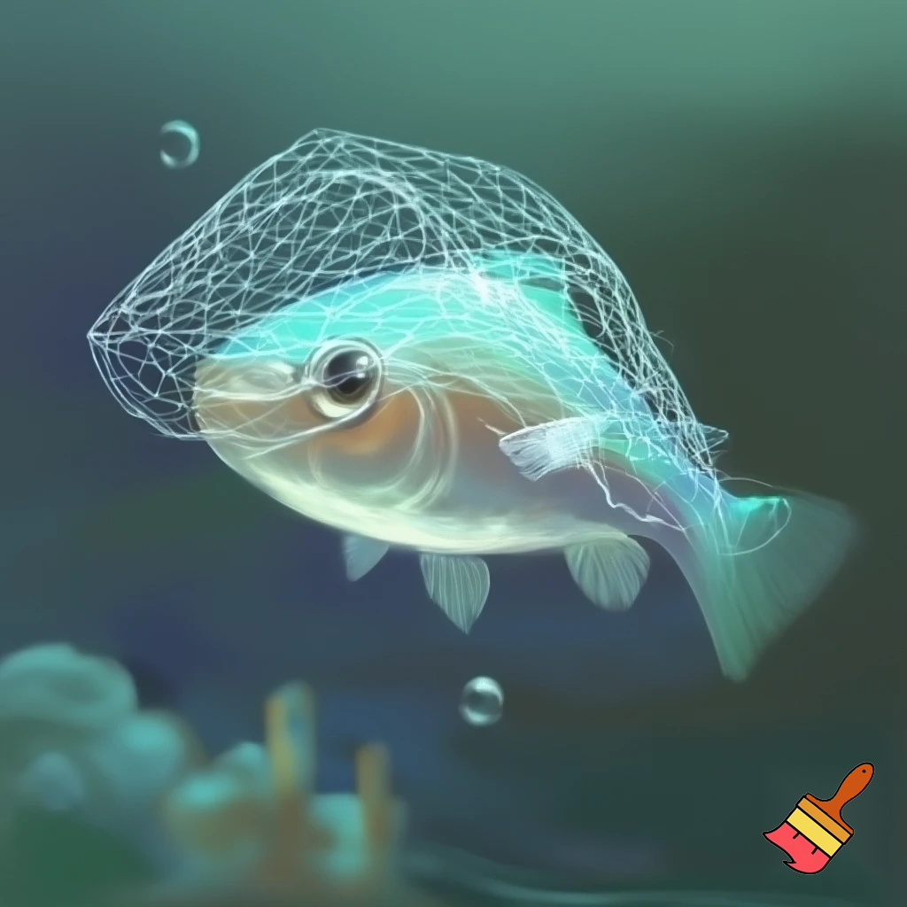 Draw me a picture of a fish wearing a fishing net like a wedding veil.