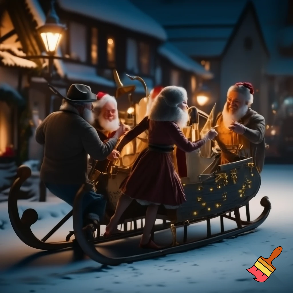 Un traineu  de noël qui vole tout  seu lance de la musique  et tout  le  monde  danse  du village