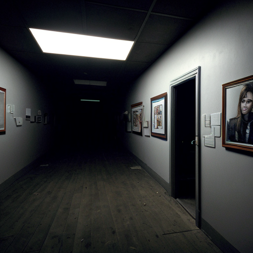 An early 2000s digital photo of an empty {enter detailed description of the place}, dark, the only light is the one coming from the camera flash, the place gives an uncanny feeling, and the picture is slightly tilted and noisy 