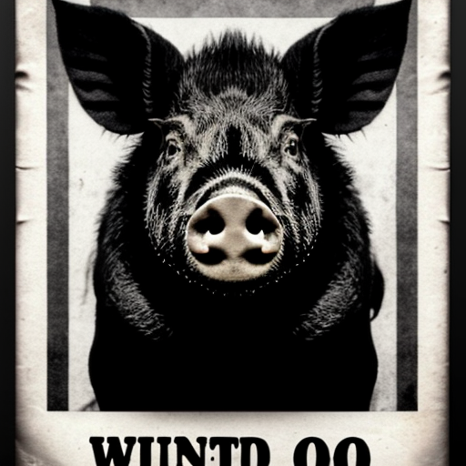 create a sinister looking wanted poster with a wild pig wearing black and white stripes
