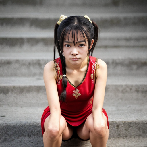 Anime style short woman from indochina, she wears a short red dress with gold embroidery, she has her bkue-black hair up in either 2 buns or 2 ponytails. She has a determined look on her face. We view her from a few steps away face-on. She is crouched forward looking like she has just finished a backflip.