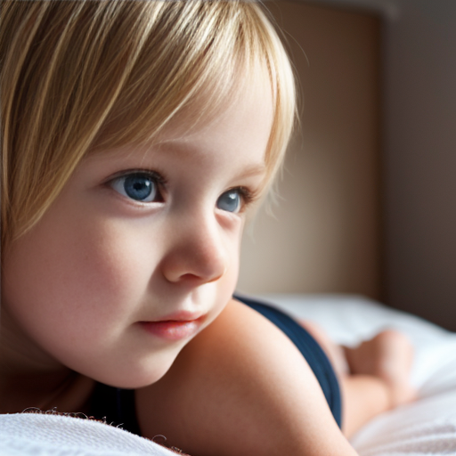 blonde little girl, sitting on bed, on the bedroom, close up