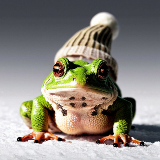 A laughable, puzzled animal toad in woolen, multicoloured winter clothings with woolen winter cap. Hyperrealistic art style.