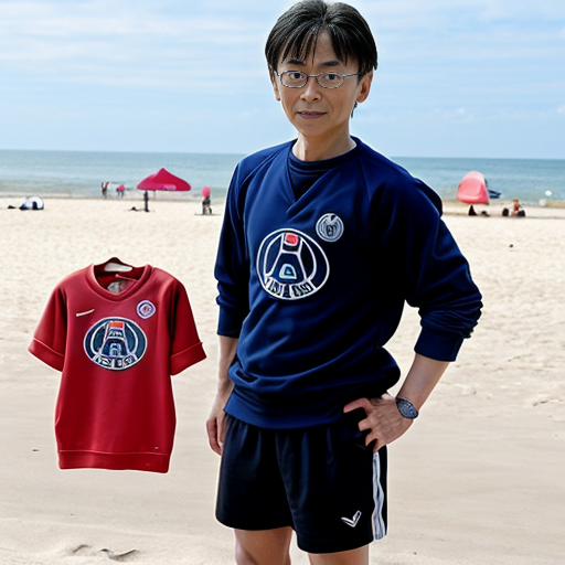 detective conan conan avec un mayo et un short du PSG a la plage