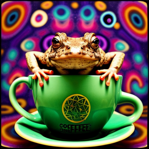 A hillarious, funny boho toad with some hippie colored coffee cups. Psychedelic decorated background, hyperrealistic. Close-up view.