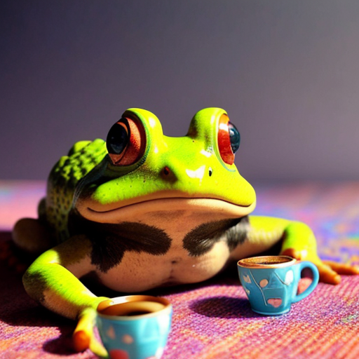 A hillarious, funny boho toad with some hippie colored coffee cups. Psychedelic decorated background.