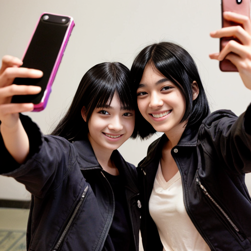 Kabuto Yakushi from Naruto side by side with a young woman with black hair that reaches to her shoulders. She has hazel eyes. She wears a black jacket with a white shirt. They're taking a selfie smiling. Manga style