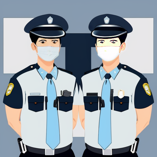 two anime men standing next to each other one wearing half police uniform and a police hat with a visor covering his face and eyes and the other man is wearing full police uniform 