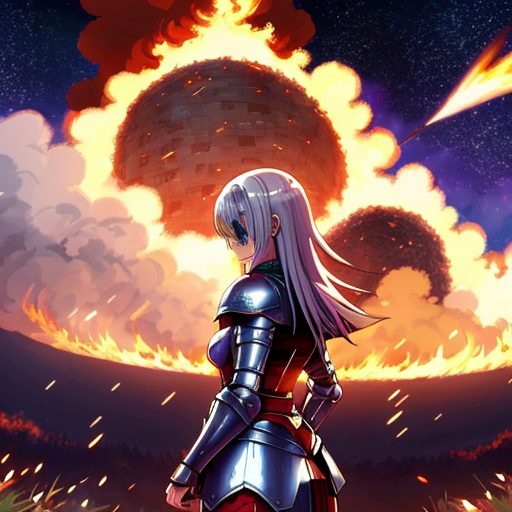young, tall, white-haired woman in armor stands in front of a burning castle into which meteorites are falling.