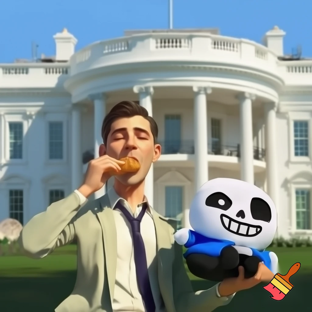 man eating chicken nugget in frront of the white house with sans undertale pulshie in his left hand
